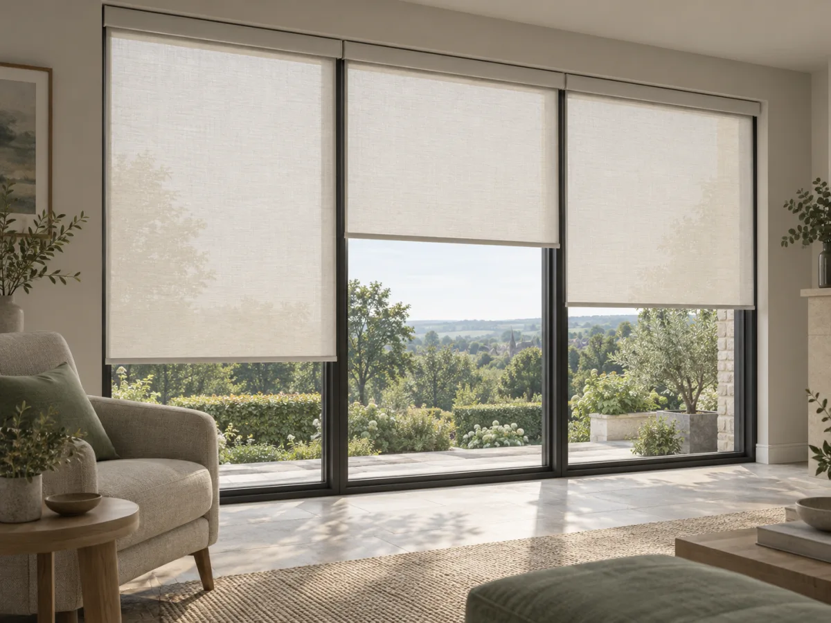 AI-generated concept of motorised blinds in a contemporary living room