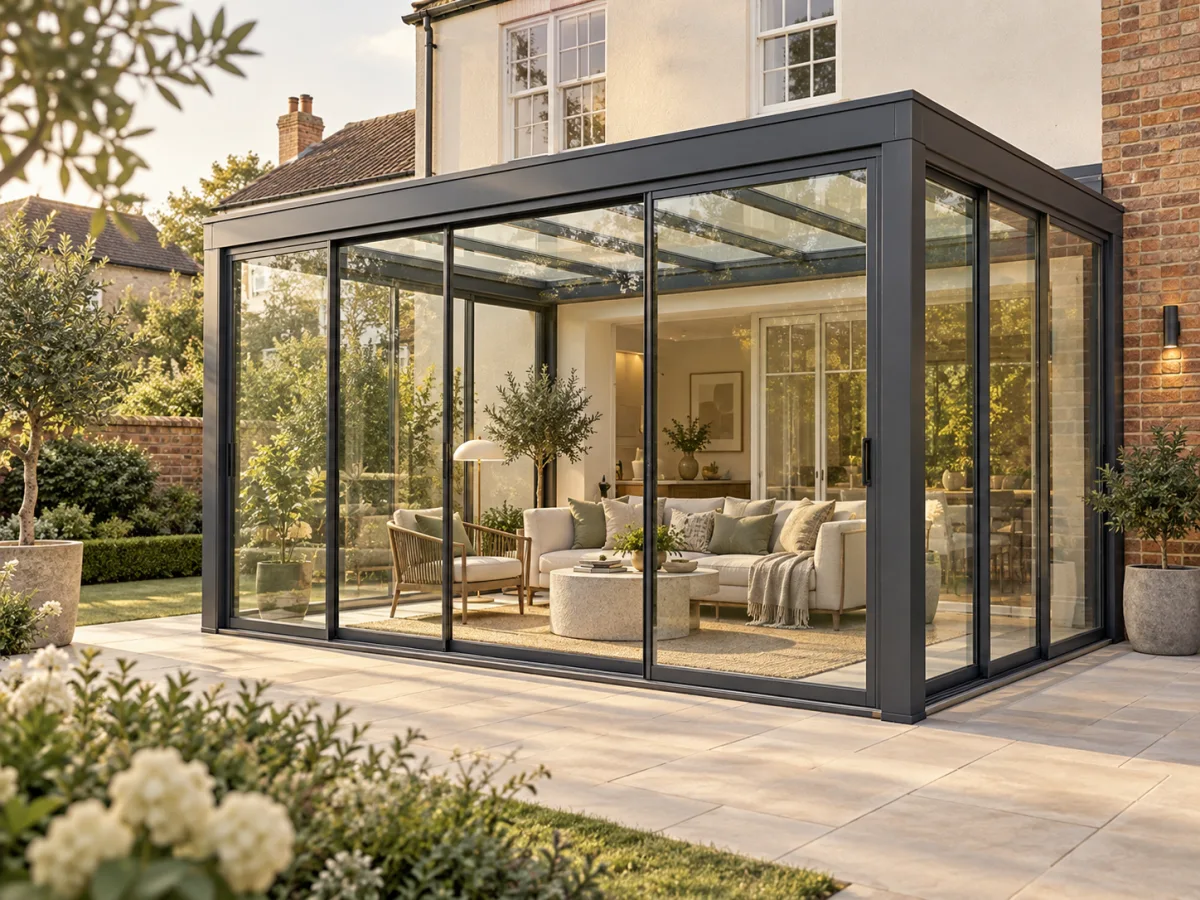AI-generated concept of a glass room connecting a home and garden