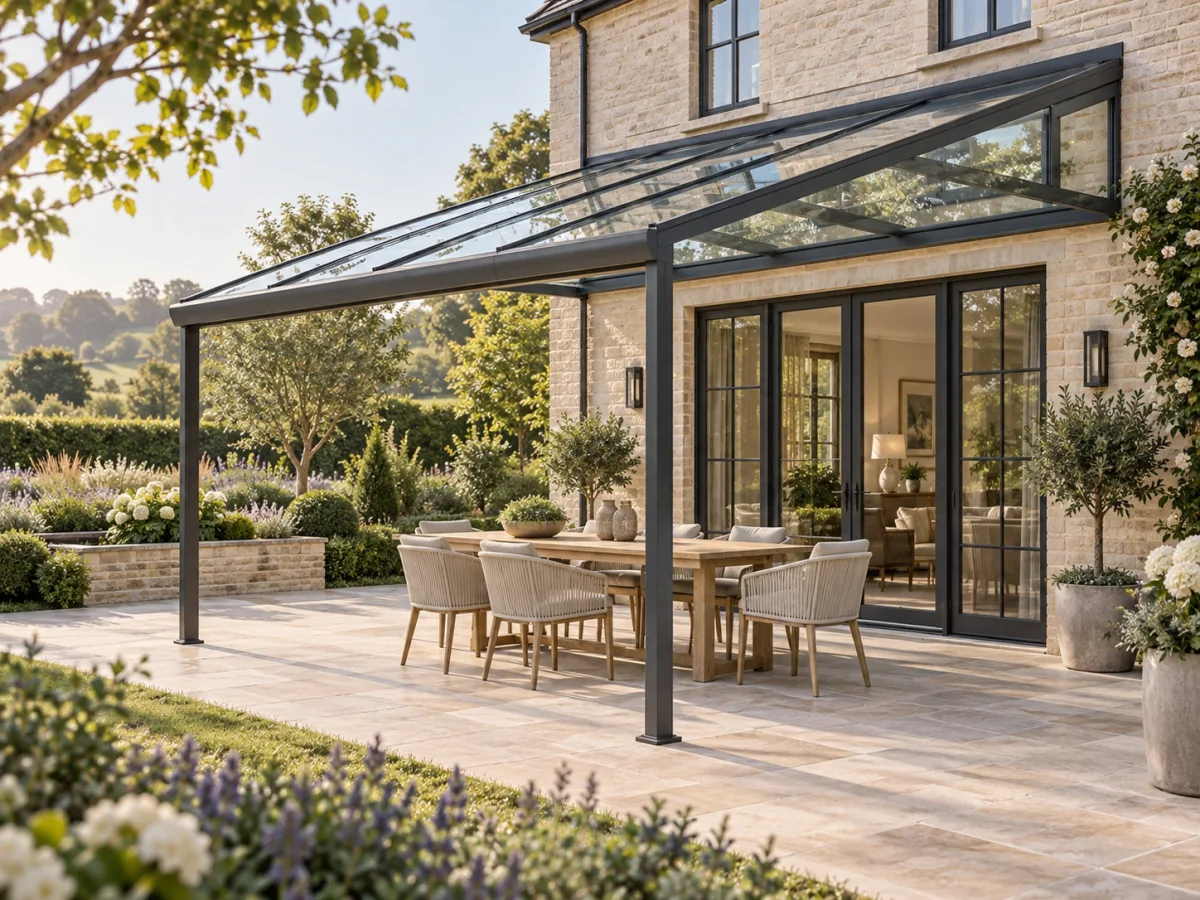 AI-generated concept of a glass veranda sheltering a terrace