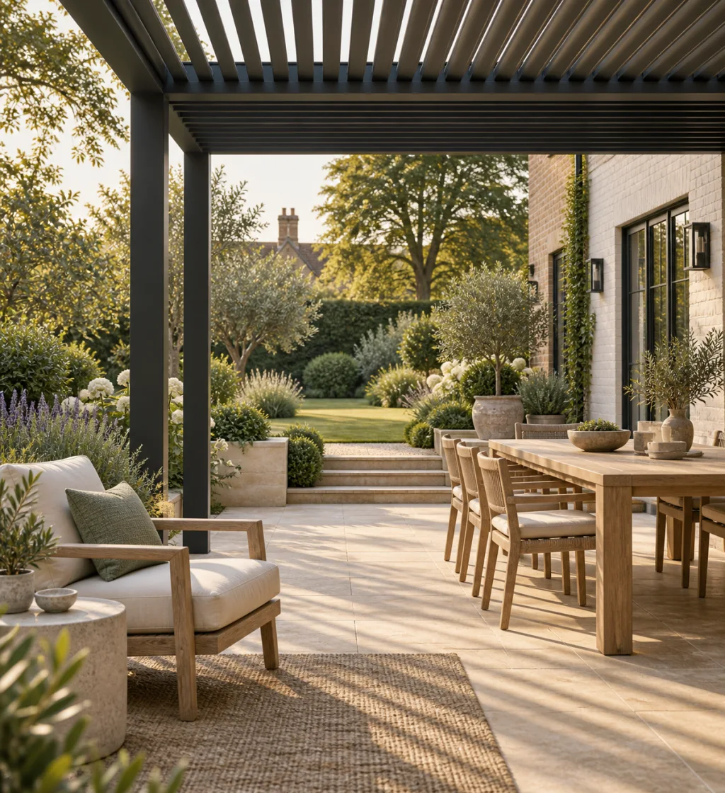 AI-generated concept of a contemporary garden pergola