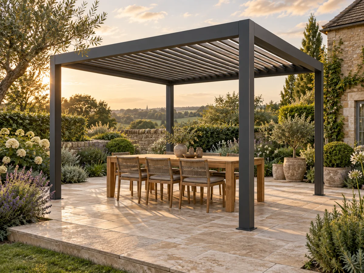 AI-generated concept of an aluminium pergola over a garden terrace